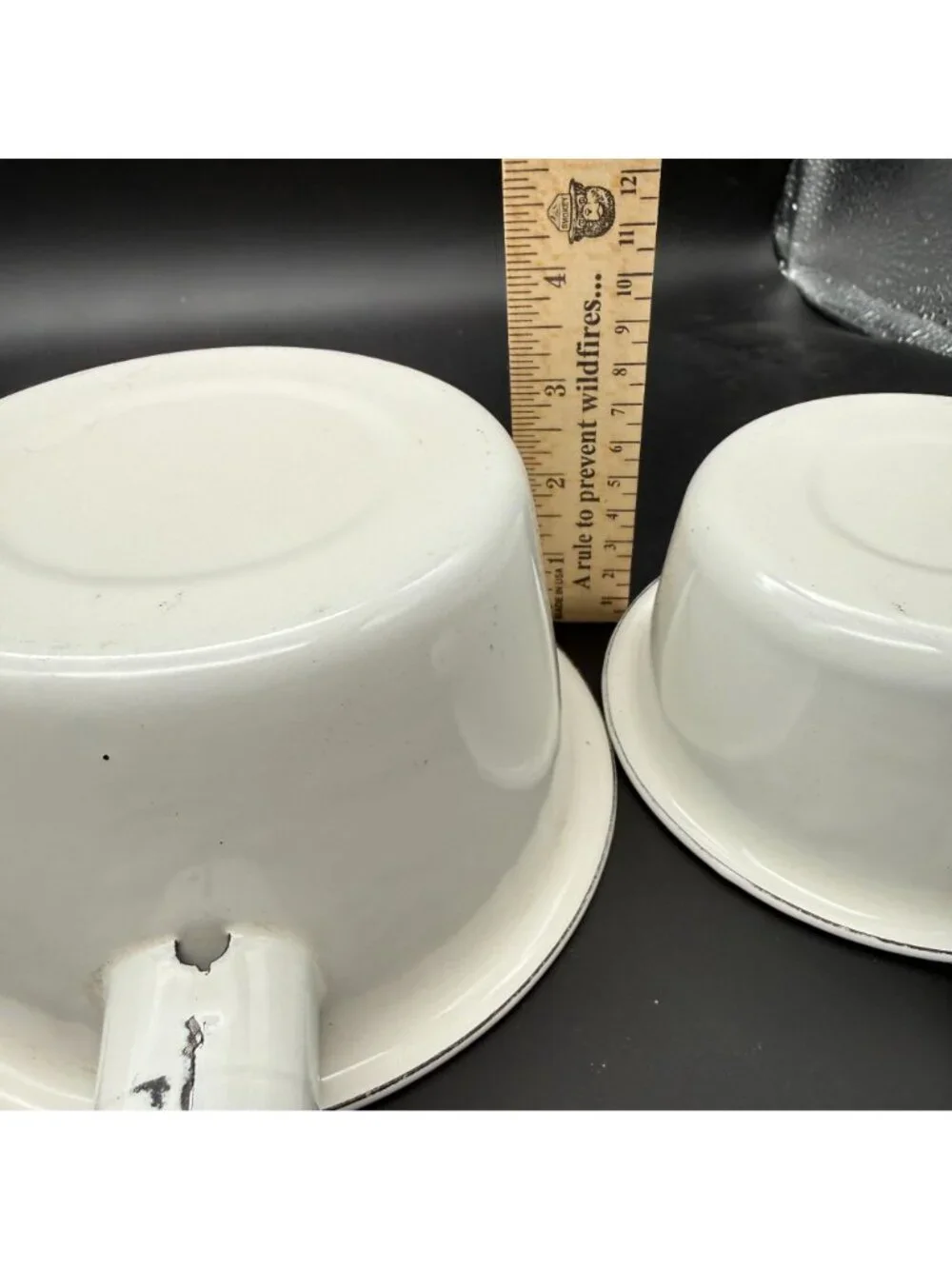 Vtg White Enamelware Nesting Saucepan Set of 3 Black Handles Farm Decor